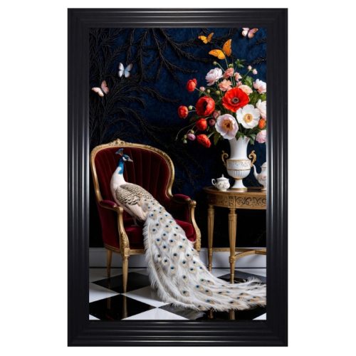 Luxury Velvet Art Print - Celestine Peacock Amid Opulence in Black Frame Portrait
