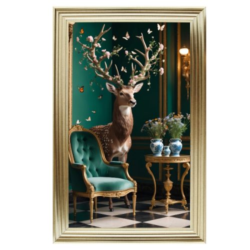Luxury Velvet Art Print - Majestic Stag with Floral Antlers in Gold Frame