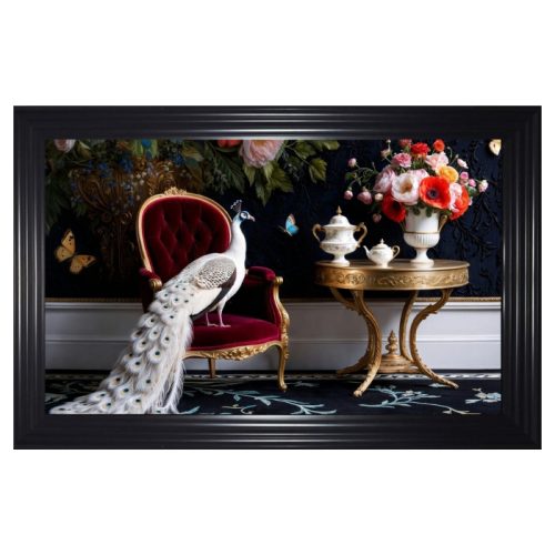 Luxury Velvet Art Print - Celestine Peacock Amid Opulence in Black Frame Landscape