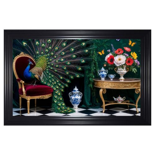 Luxury Velvet Art Print - Majestic Peacock Amidst Opulence in Black Frame