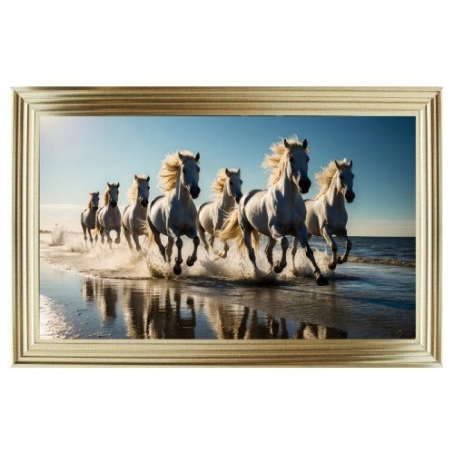 Luxury Velvet Art Print - 7 White Horses Galloping in Gold Frame