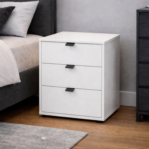 Miami Plus 3 Drawer White Glass Bedside Table