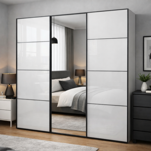 Miami Plus 3 Door Centre Mirror White Wardrobe with Slate Handles & Trim